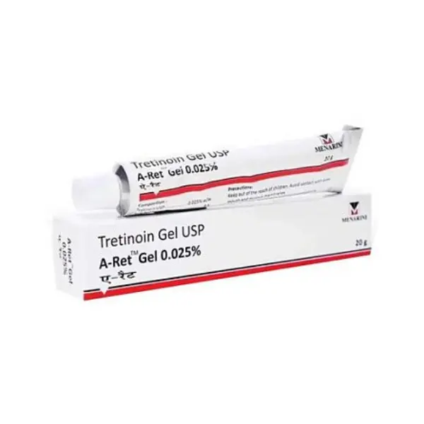A Ret Gel 0.025% (Tretinoin) 1 A-Ret tretinoin gel USP 0.025% 20g tube and box topical acne treatment medication