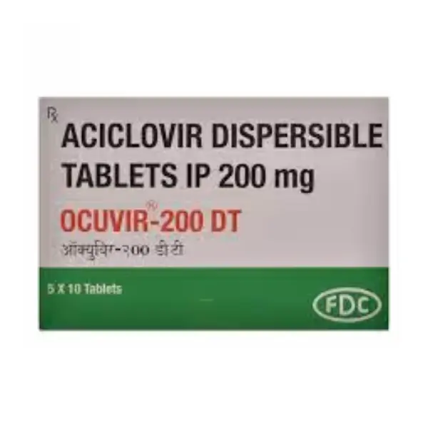 Ocuvir 200 DT Tablet (Acyclovir) 1 Aciclovir dispersible tablets IP 200 mg Ocuvir 200 DT FDC medicine box packaging