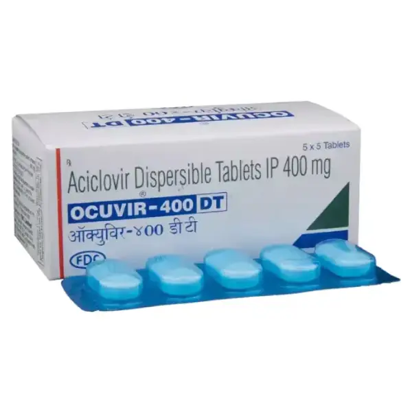 Ocuvir 400 DT Tablet (Acyclovir) 1 Aciclovir dispersible tablets IP 400 mg Ocuvir 400 DT FDC box with blue blister strip tablets visible