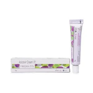 Aciclovir cream Herpex 5 percent 5 g antiviral cream tube and packaging box