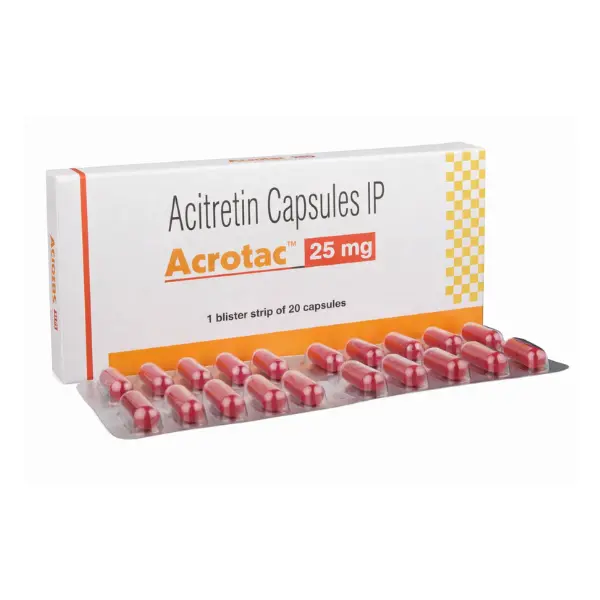 Acrotac 25 mg (Acitretin) 1 Acrotac 25mg acitretin capsules IP blister pack and box skin treatment medication