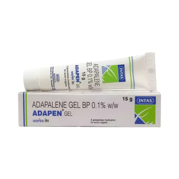 Adapen Gel (Adapalene) 1 Adapen adapalene gel BP 0.1% 15g tube and box by Intas for acne treatment
