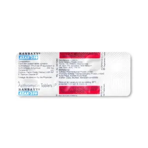 AZAX 250 mg Azithromycin Tablets IP blister strip showing tablet packaging details