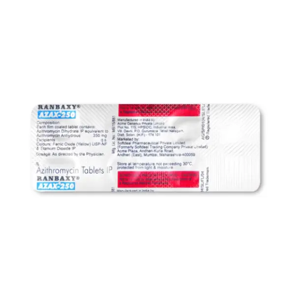 Azax 250 mg (Azithromycin) 3 AZAX 250 mg Azithromycin Tablets IP blister strip showing tablet packaging details