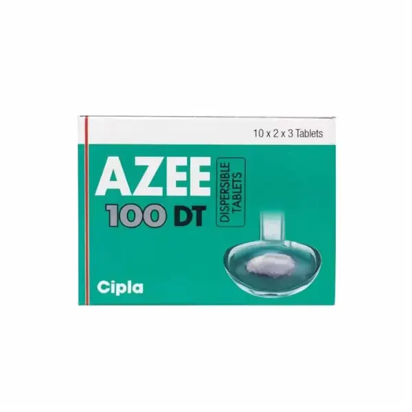 Azee DT 100 mg (Azithromycin) 1 Azee 100 DT dispersible azithromycin tablets Cipla box packaging front view
