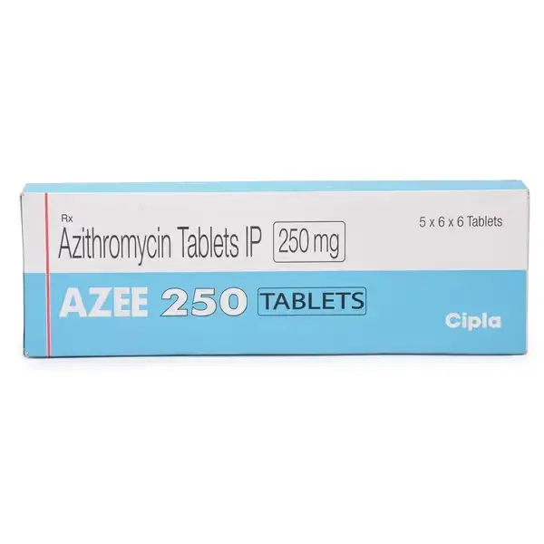 Azee 250 mg (Azithromycin) 1 Azee 250 mg Azithromycin Tablets IP 250 mg Cipla box packaging front view