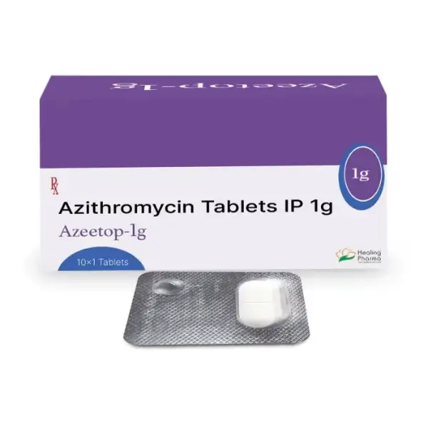 Azeetop 1000 mg (Azithromycin) 1 Azeetop 1000 mg Azithromycin Tablets IP Healing Pharma box with single tablet blister pack
