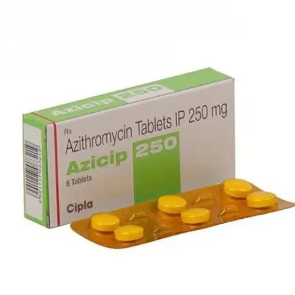 Azicip 250 mg (Azithromycin) 2 Azicip 250 Azithromycin Tablets IP Cipla box with blister pack showing 250 mg tablets