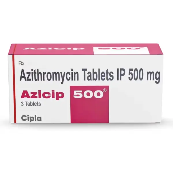 Azicip 500 mg Azithromycin Tablets IP Cipla box packaging 500 mg 3 tablets front view
