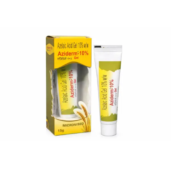 Aziderm 10% Gel (Azelaic Acid) 1 Aziderm 10% azelaic acid gel 15g tube and box topical treatment for acne and pigmentation