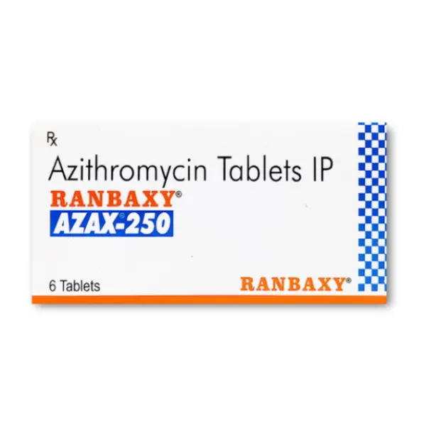 Azax 250 mg (Azithromycin) 1 Azithromycin Tablets IP Ranbaxy AZAX 250 mg box front view with 6 tablets packaging