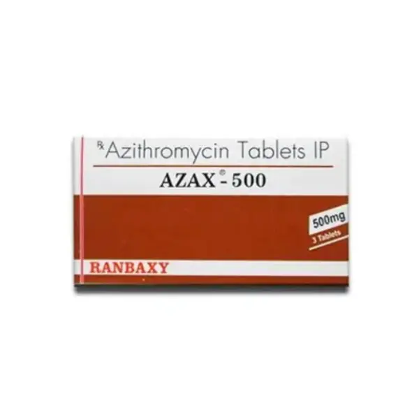 Azithromycin Tablets IP Ranbaxy AZAX 500 mg box front view 500mg 3 tablets packaging
