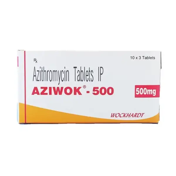 Aziwok 500 Azithromycin Tablets IP Wockhardt box packaging front view