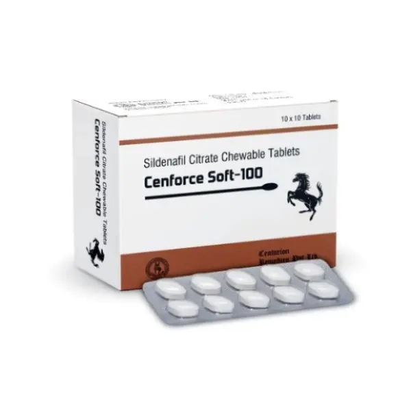 Cenforce Soft 100 mg (Sildenafil) 1 Cenforce Soft 100 mg sildenafil citrate chewable tablets box with blister pack