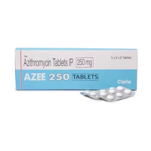Cipla Azee 250 mg Azithromycin Tablets IP box with blister pack showing 250 mg tablets