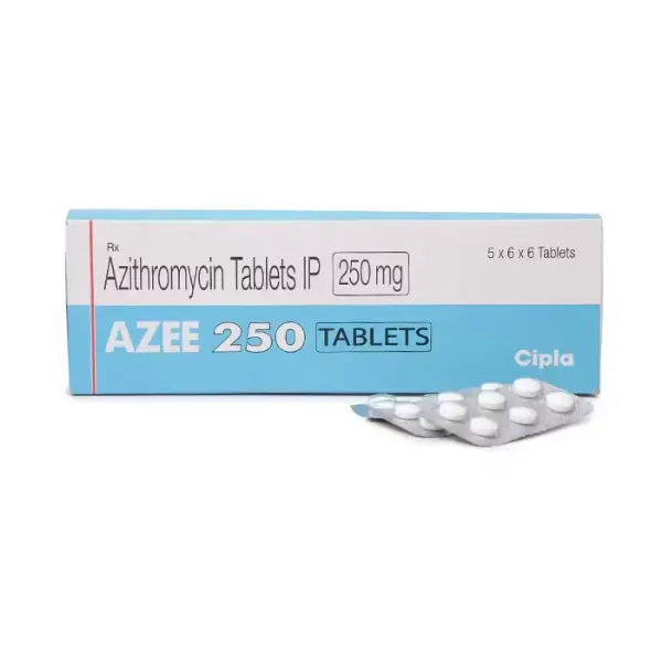 Azee 250 mg (Azithromycin) 2 Cipla Azee 250 mg Azithromycin Tablets IP box with blister pack showing 250 mg tablets