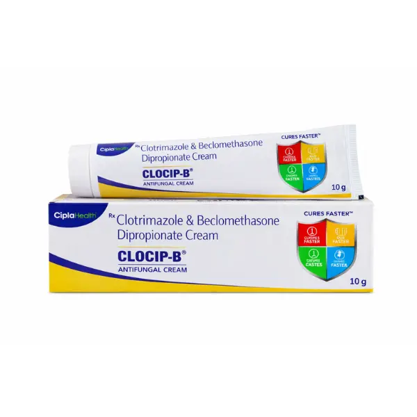 Clocip B Cream 10 gm 1 Clocip-B antifungal cream 10g tube and box with clotrimazole and beclomethasone dipropionate for skin infection treatment