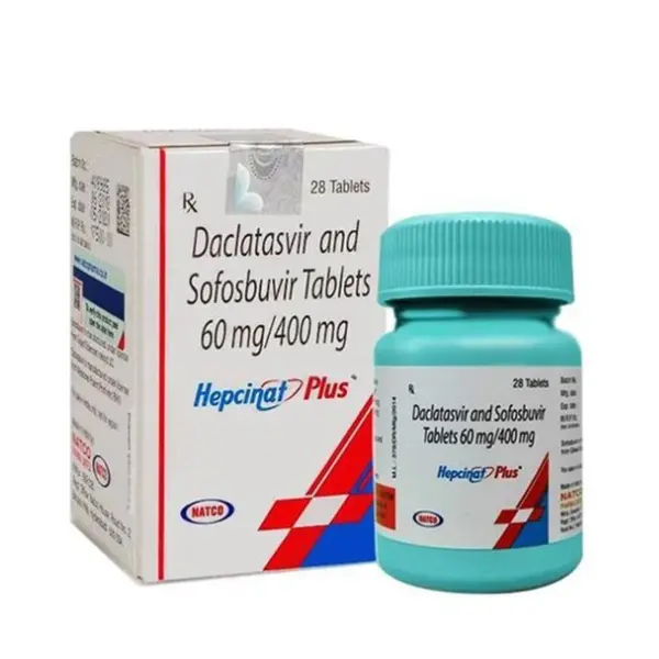 Hepcinat Plus daclatasvir 60 mg and sofosbuvir 400 mg tablets bottle with packaging box 28 tablets