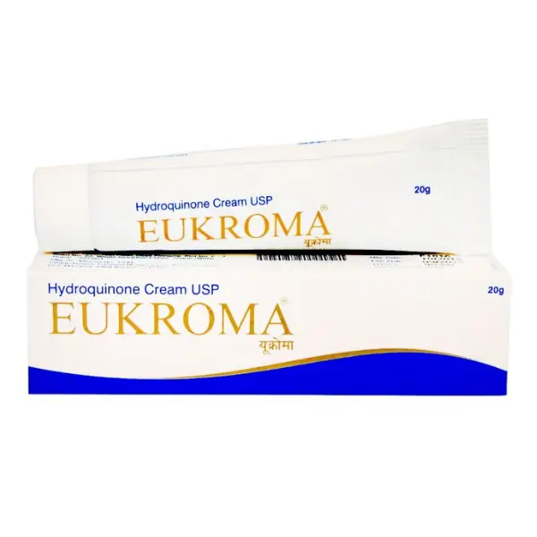 Eukroma Cream 20 gm (Hydroquinone) 1 Eukroma hydroquinone cream USP 20g tube and box for pigmentation and dark spots treatment
