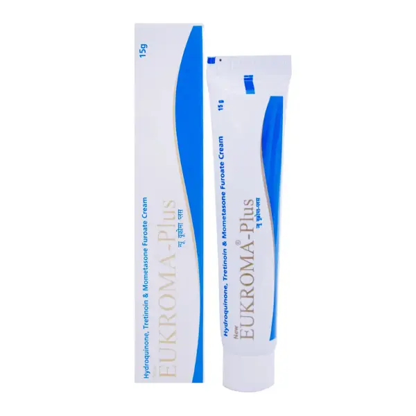 Eukroma Plus Cream 15 gm 1 Eukroma Plus cream 15g tube and box with hydroquinone tretinoin mometasone for pigmentation and melasma treatment