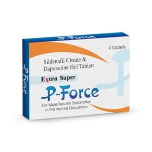 Angled view of Extra Super P-Force sildenafil and dapoxetine tablets box for ED and PE treatment