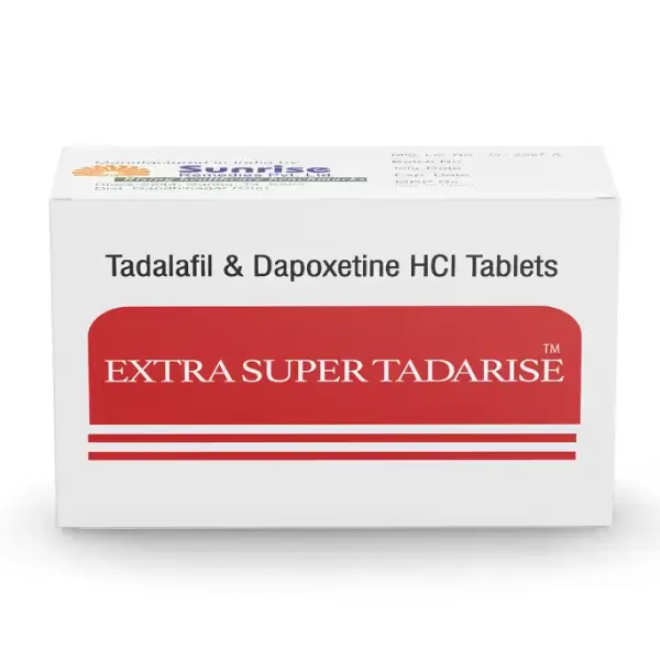 Extra Super Tadarise (Tadalafil/Dapoxetine) 1 Extra Super Tadarise tadalafil and dapoxetine tablets box for ED and premature ejaculation treatment