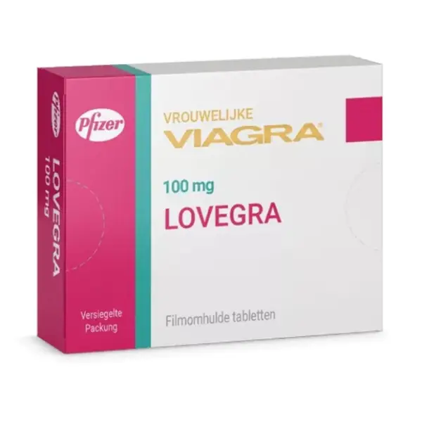 Lovegra 100 mg female viagra tablets box packaging by Pfizer
