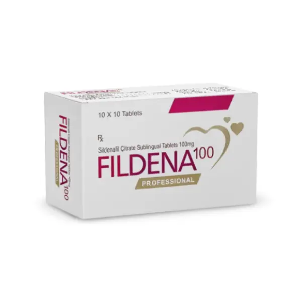 Fildena Professional 100 mg (Sildenafil) 2 Side view of Fildena 100 Professional sildenafil sublingual tablets packaging