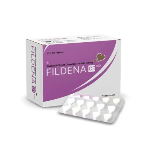 Fildena CT 100 mg (Chewable Tablet) 1 Fildena CT 100 Sildenafil Citrate Chewable Tablets Box and Blister