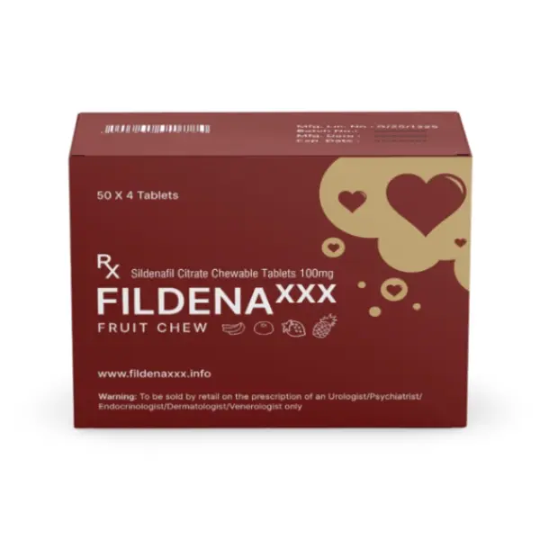 Fildena XXX 100 mg (Sildenafil) 1 Fildena XXX Fruit Chew Sildenafil Citrate Chewable Tablets Box