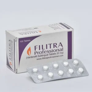 Filitra Professional 20 mg vardenafil sublingual tablets packaging with blister strip displayed
