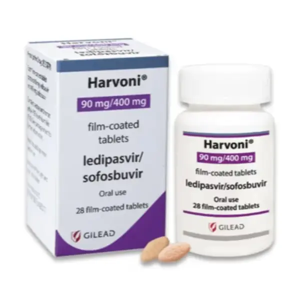 Harvoni ledipasvir 90 mg and sofosbuvir 400 mg film coated tablets bottle with packaging box 28 tablets Gilead