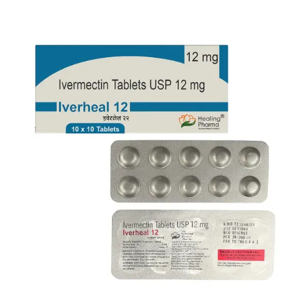 Iverheal 12 mg Tablet (Ivermectin) 2 Ivermectin tablets USP 12 mg Iverheal 12 Healing Pharma box with blister strip tablets visible