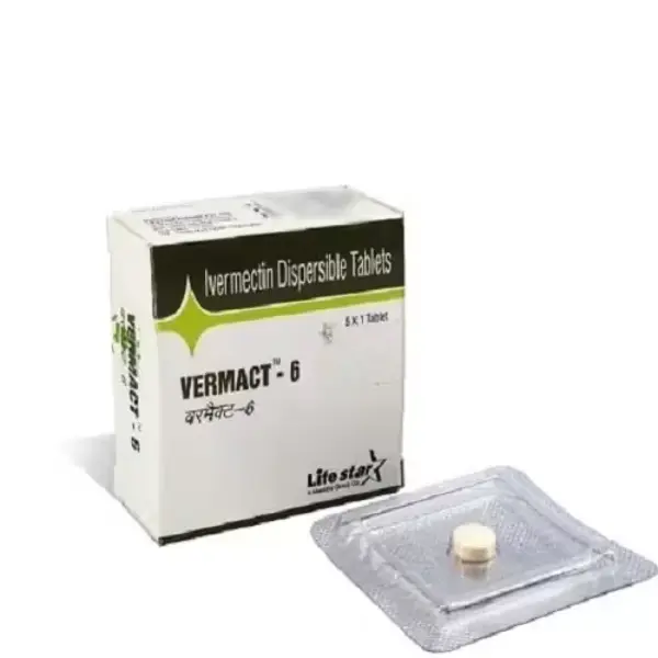 Vermact 6 mg Tablet (Ivermectin) 2 Vermact 6 mg ivermectin dispersible tablets Lifetar box with single tablet blister pack visible