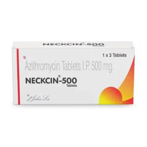 Johnlee Neckcin 500 Azithromycin Tablets IP box angled packaging view