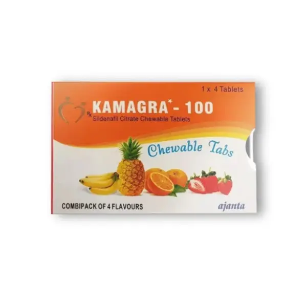 Kamagra Chewable 100 mg (Sildenafil) 1 Kamagra Chewable 100 mg sildenafil citrate tablets box combipack with four flavours