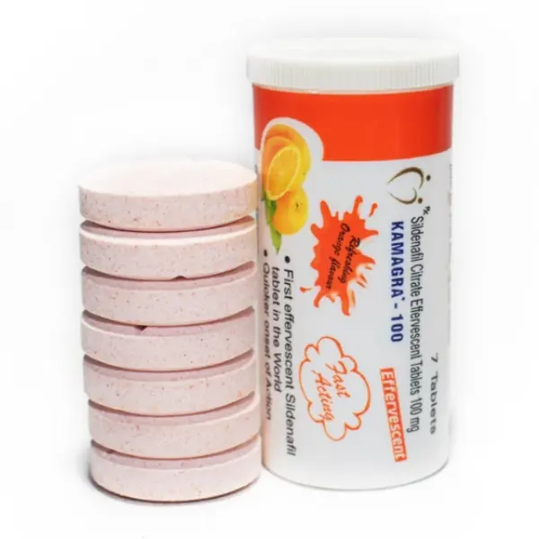 Kamagra Effervescent 100 mg (Sildenafil) 3 Kamagra effervescent 100 mg tablets tube with stacked round tablets