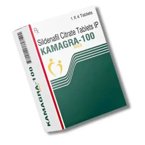 Angled view of Kamagra Gold 100 mg sildenafil citrate tablets IP box