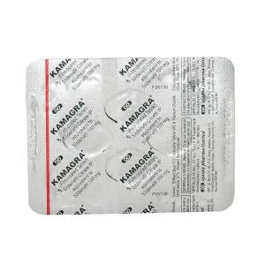 Kamagra 100 mg sildenafil citrate tablets blister pack foil side showing medicine details