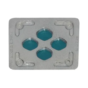 Kamagra 100 mg sildenafil tablets blister pack showing four green tablets