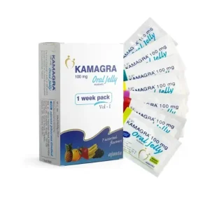 Kamagra Oral Jelly 100 mg box with individual sachets showing assorted flavours