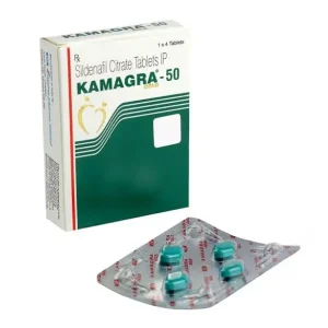 Kamagra Gold 50 mg sildenafil citrate tablets IP box with blister pack showing green tablets