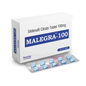 Malegra 100 mg Sildenafil Citrate 100 mg tablets box with blister strip for ED treatment