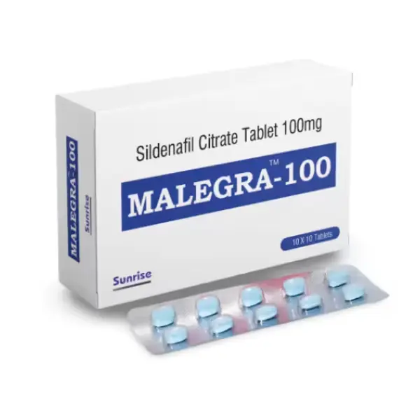 Malegra 100 mg (Sildenafil) 2 Malegra 100 mg Sildenafil Citrate 100 mg tablets box with blister strip for ED treatment
