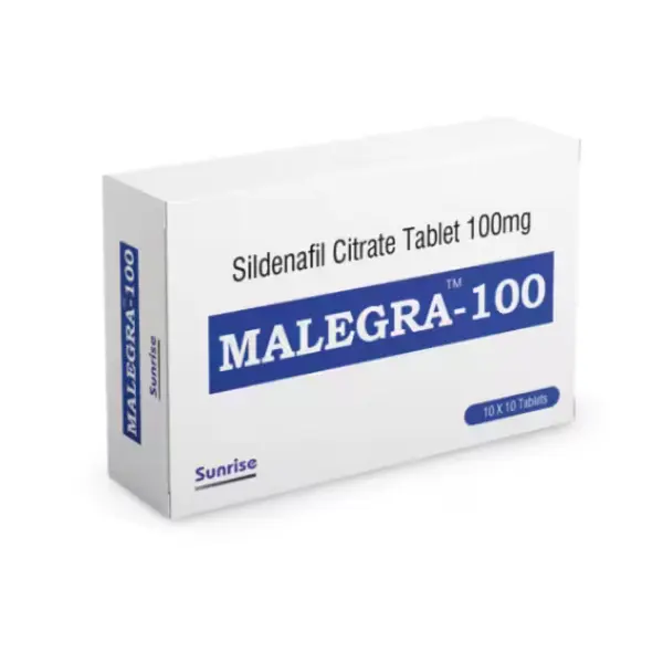 Malegra 100 mg (Sildenafil) 1 Malegra 100 mg Sildenafil Citrate 100 mg tablets box for erectile dysfunction treatment