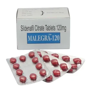 Malegra 120 mg Sildenafil Citrate 120 mg tablets box with multiple blister strips for erectile dysfunction