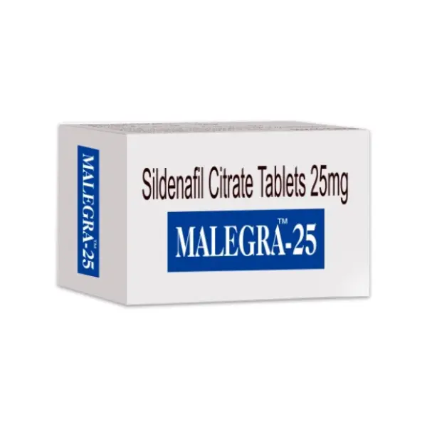 Malegra 25 mg (Sildenafil) 1 Malegra 25 mg Sildenafil Citrate 25 mg tablets box for erectile dysfunction treatment