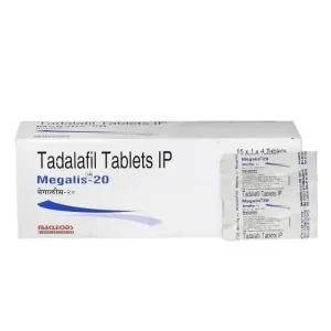 Megalis 20 tadalafil tablets IP packaging with blister strip shown beside box