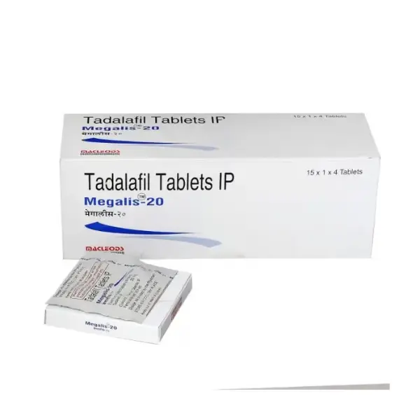 Megalis 20 mg (Tadalafil) 2 Megalis 20 tadalafil tablets IP box with inner tablet pack displayed