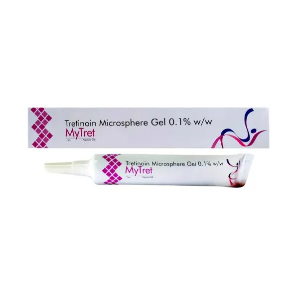 Mytret 0.1% Gel (Tretinoin) 1 Mytret tretinoin microsphere gel 0.1% tube and box topical acne treatment medication
